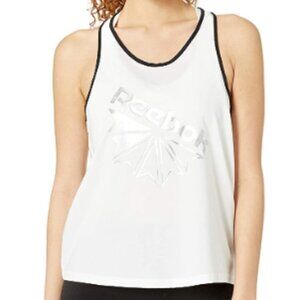 Reebok Women's XL White Tank Top Side Stripe Metallic Logo Racerback Athletic